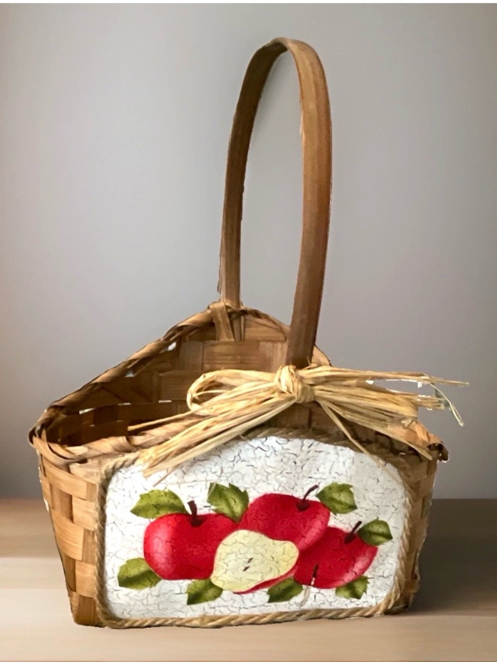 VTG Country Apple Woven Basket Planter Cottagecore Raffia Bow Farmhouse Decor
